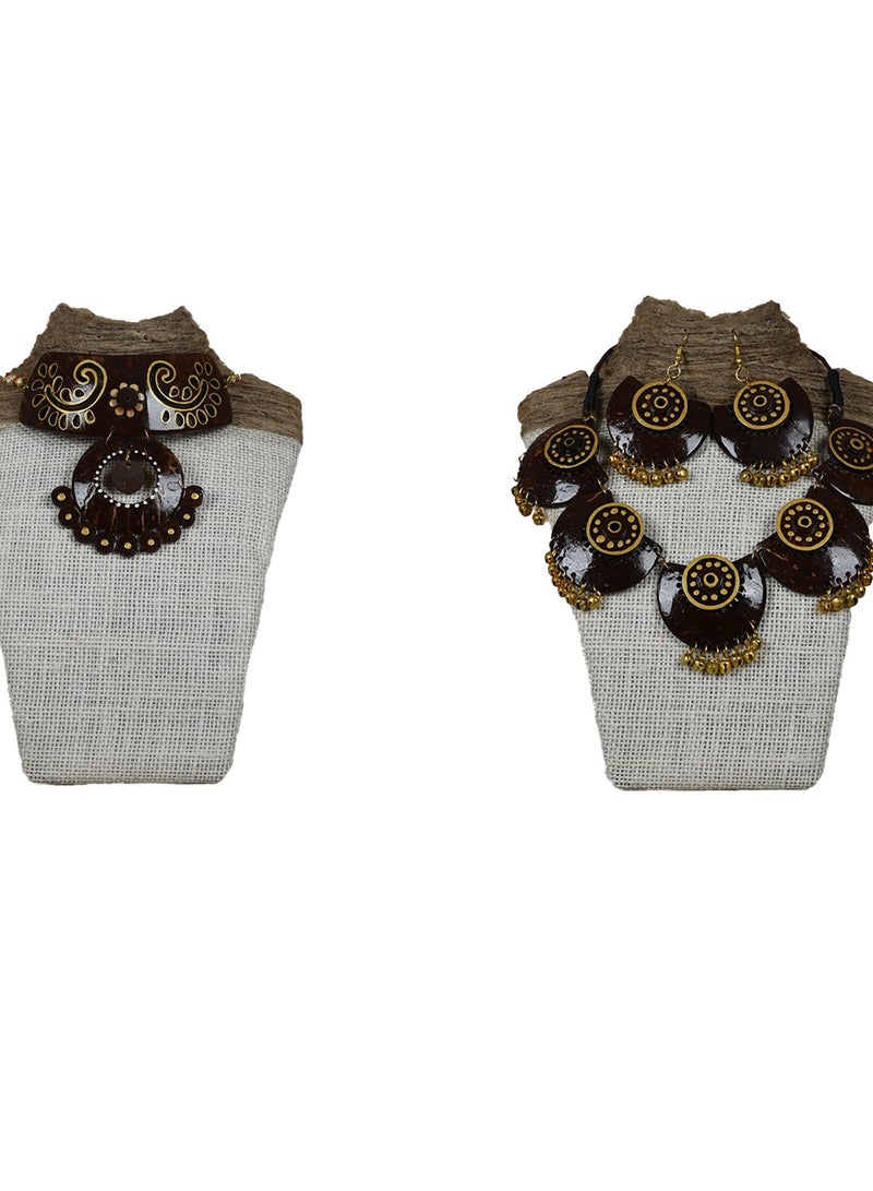 N&H Handmade Coconut Shell Choker with Jhumka Design Combo Necklace with Matching Earrings, Combo Set of 2  - Image 1