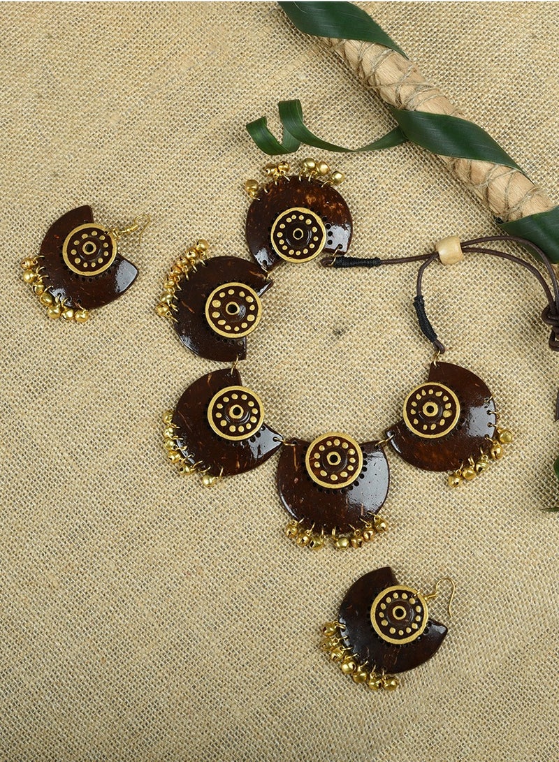 N&H Handmade Coconut Shell Choker with Jhumka Design Combo Necklace with Matching Earrings, Combo Set of 2  - Image 4