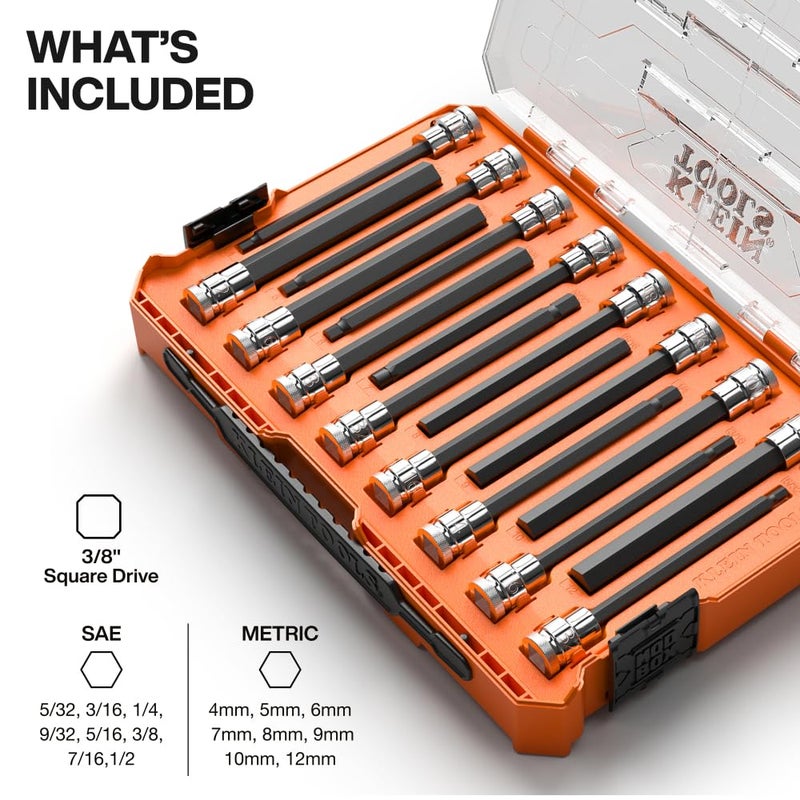Klein Tools 652216HEXL Long Hex Bit Socket Set, 16-Piece, SAE and Metric Socket Set, Long Hex Bits, MODbox Case - Image 2