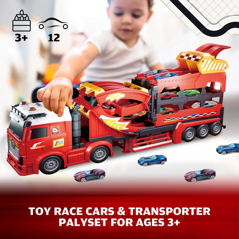 BuddyBight 3in1 Carrier Truck Race Track Toddler Toys, Carrier Toy Truck w/45 Inch Foldable Race Track, 12 Die Cast Cars Toys for Ages 2-4, Semi Truck Toy w/Light & Sound, Kids Play Cars & Race Car Toys for Kids - Image 2