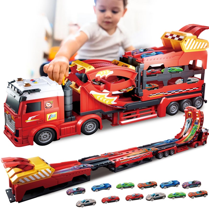 BuddyBight 3in1 Carrier Truck Race Track Toddler Toys, Carrier Toy Truck w/45 Inch Foldable Race Track, 12 Die Cast Cars Toys for Ages 2-4, Semi Truck Toy w/Light & Sound, Kids Play Cars & Race Car Toys for Kids - Image 1