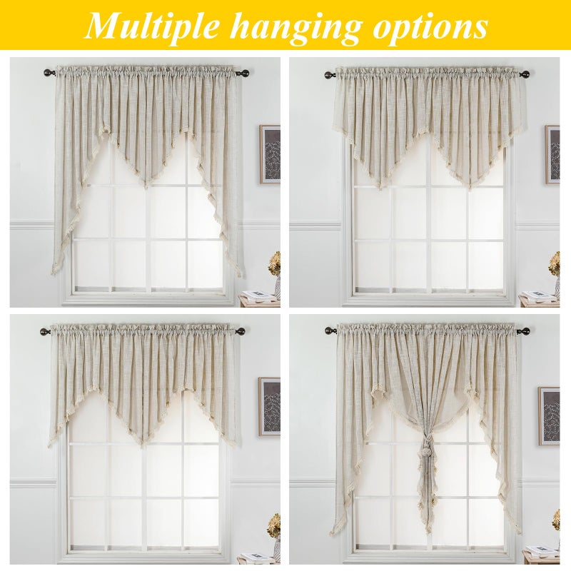 BD BEDA HOME Beda Home Tassel Linen Textured Swag Valances for Farmhousesâ€™ Kitchen; Light Filtering Rustic Short Swag Topper for Small Windows Bedroom Privacy Added Rod Pocket Design, Taupe, 36 x36 inch, 1 Pair - Image 5