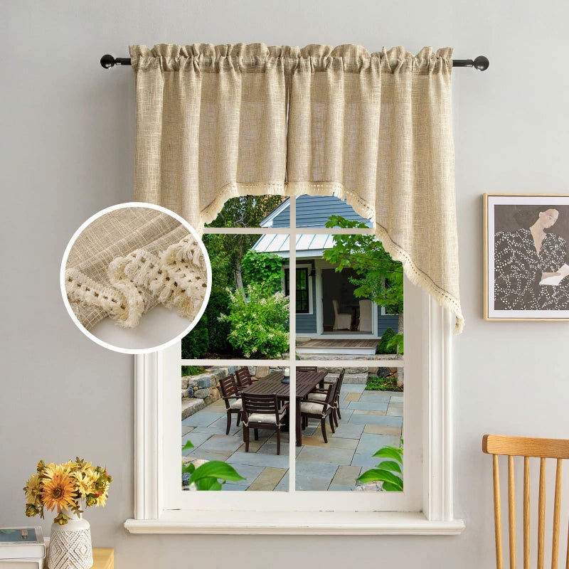 BD BEDA HOME Beda Home Tassel Linen Textured Swag Valances for Farmhousesâ€™ Kitchen; Light Filtering Rustic Short Swag Topper for Small Windows Bedroom Privacy Added Rod Pocket Design, Taupe, 36 x36 inch, 1 Pair - Image 1