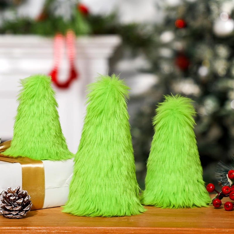 Civaner 3 Pcs Lime Green Furry Christmas Decorations Fuzzy Elf Xmas Tree Ornaments Tabletop Decor Green Christmas Tree Table Centerpieces Soft Faux Fur Gifts for Holiday Christmas Party - Image 1