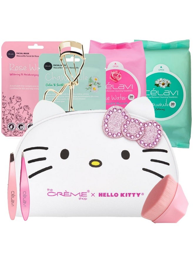 Glam Lux Glam Lux Beauty Bundle The Creme Shop X Hello Kitty Pink Bling Bow Travel Makeup Bag, Made in Korea Celavi Makeup Remover Wipes, Celavi Face Masks, Eyelash Curler, Tweezer Set, Flat Top Kabuki Brush  - Image 1