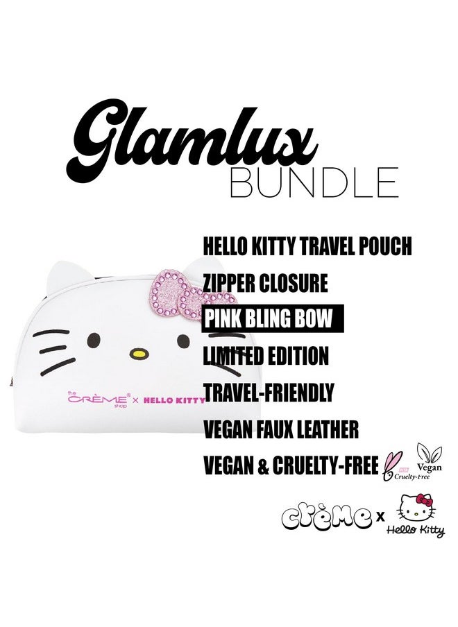 Glam Lux Glam Lux Beauty Bundle The Creme Shop X Hello Kitty Pink Bling Bow Travel Makeup Bag, Made in Korea Celavi Makeup Remover Wipes, Celavi Face Masks, Eyelash Curler, Tweezer Set, Flat Top Kabuki Brush  - Image 2