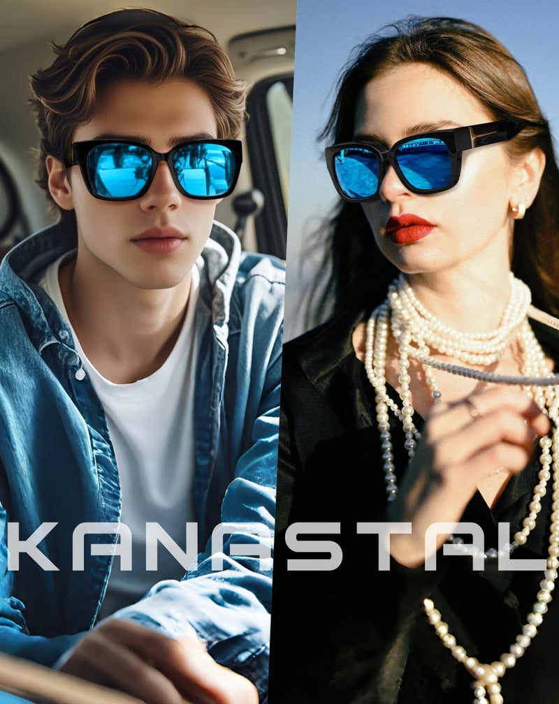 KANASTAL Fit Over Glasses Polarized Sunglasses for Women Men with UV400 Protection Oversized Square Design Shades Fashion Trendy Mirrored Large Frame Accessories Black/Mirror Blue - Image 2
