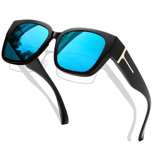 KANASTAL Fit Over Glasses Polarized Sunglasses for Women Men with UV400 Protection Oversized Square Design Shades Fashion Trendy Mirrored Large Frame Accessories Black/Mirror Blue - Image 1