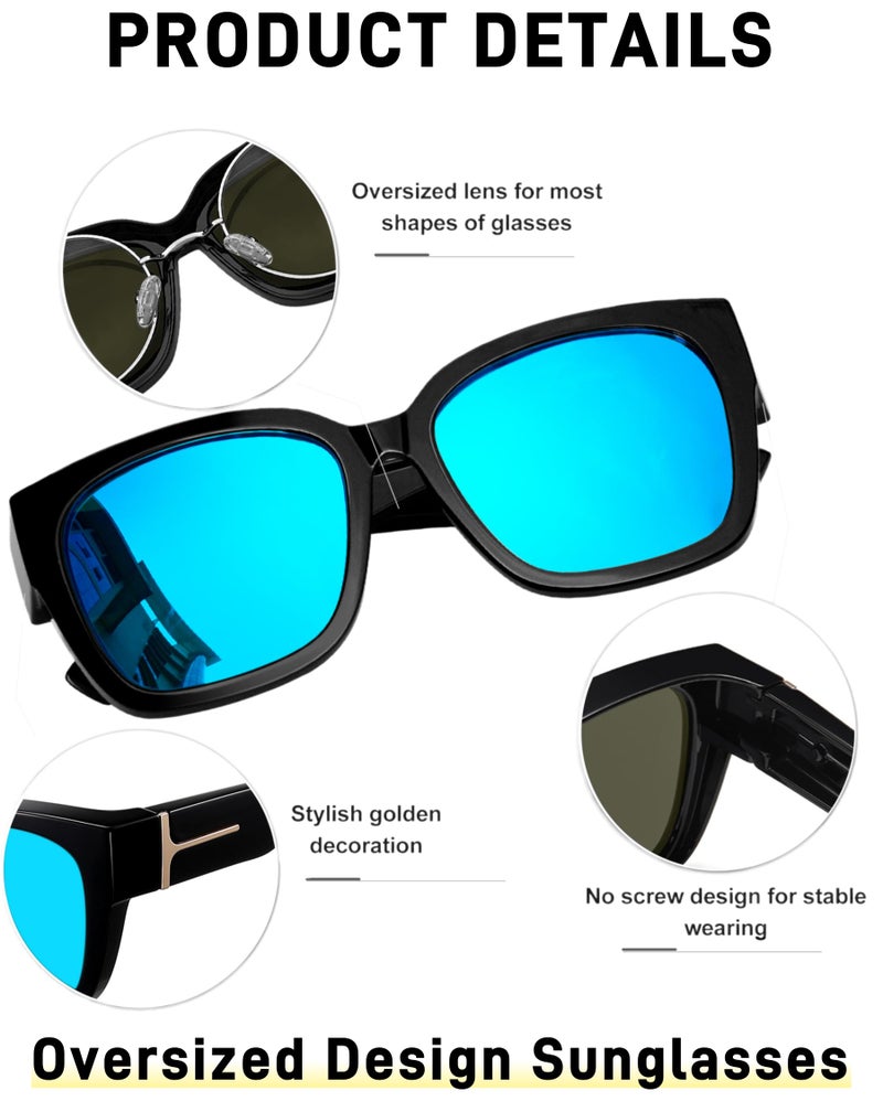 KANASTAL Fit Over Glasses Polarized Sunglasses for Women Men with UV400 Protection Oversized Square Design Shades Fashion Trendy Mirrored Large Frame Accessories Black/Mirror Blue - Image 3