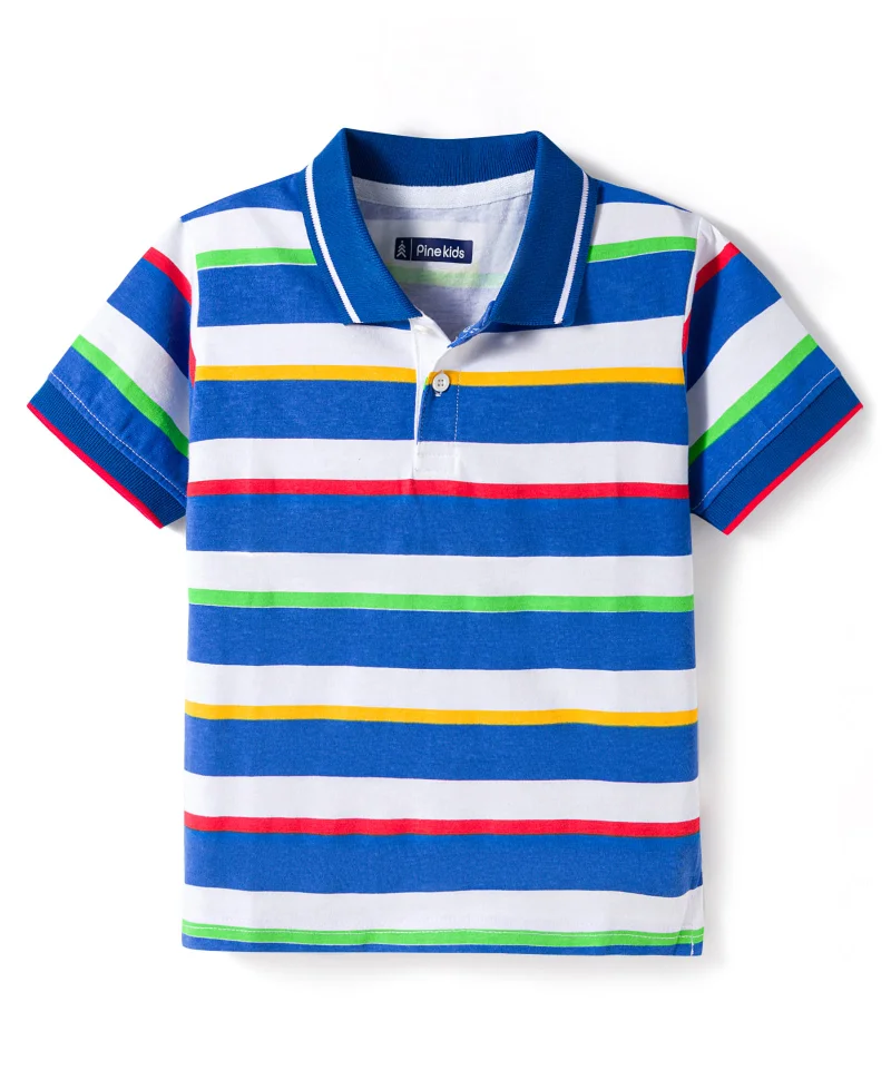 Pine Kids Pine Kids Cotton Knit Half Sleeves Striped Polo T-Shirt - White/Blue