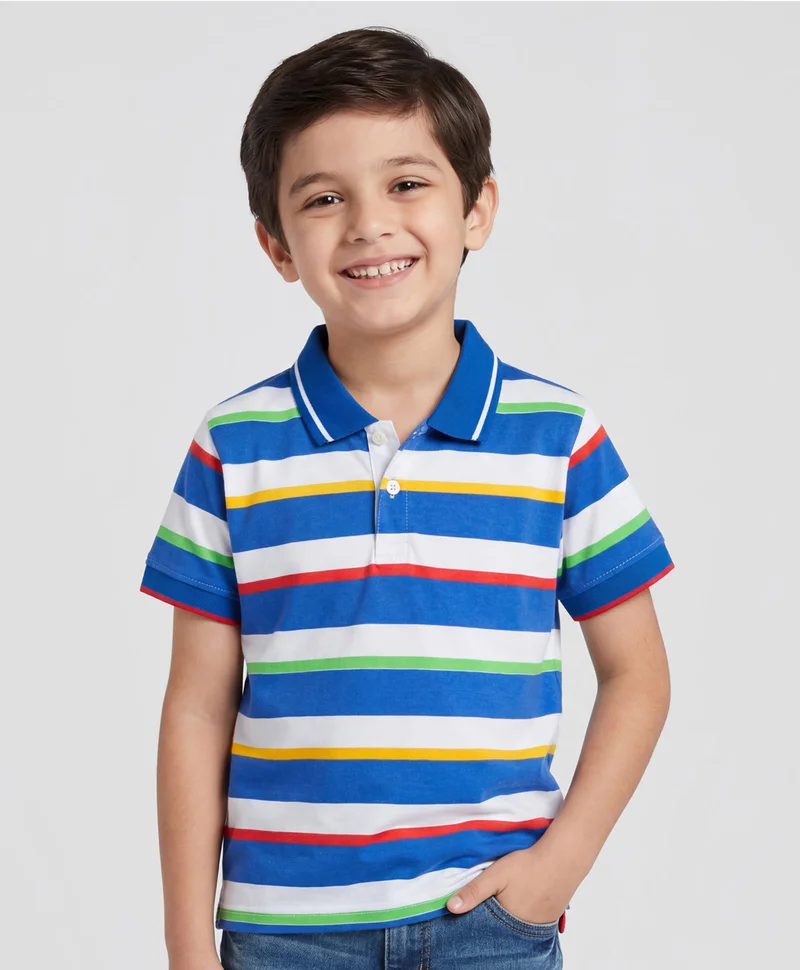 Pine Kids Pine Kids Cotton Knit Half Sleeves Striped Polo T-Shirt - White/Blue