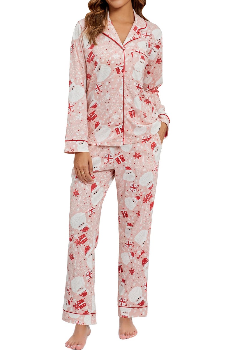 LUBOT Christmas Pajamas 100 Cotton Womens Pajamas Set Soft 2PC PJ Set for Women Long Sleeve ButtonDown Xmas Two Piece Sleepwear Loungewear Santa ClausM - Image 2
