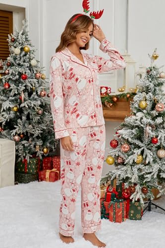 LUBOT Christmas Pajamas 100 Cotton Womens Pajamas Set Soft 2PC PJ Set for Women Long Sleeve ButtonDown Xmas Two Piece Sleepwear Loungewear Santa ClausM - Image 3