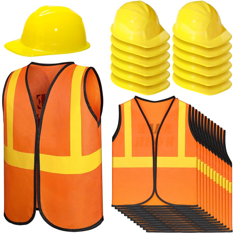 SATINIOR 24 Pcs Construction Birthday Party Supplies Kid Construction Hat and Vest Worker Costume Kids Role Play Dressing up(Orange,17 x 13.7 Inches) - Image 1