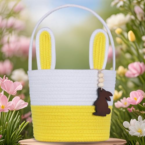 K-MLICE Easter Basket Empty Easter Baskets for Kids Boys Girls with Bunny Tag Egg Basket Eater Gifts Basket Toddler Teens Babys First Easter Basket with Handle Yellow - Image 3