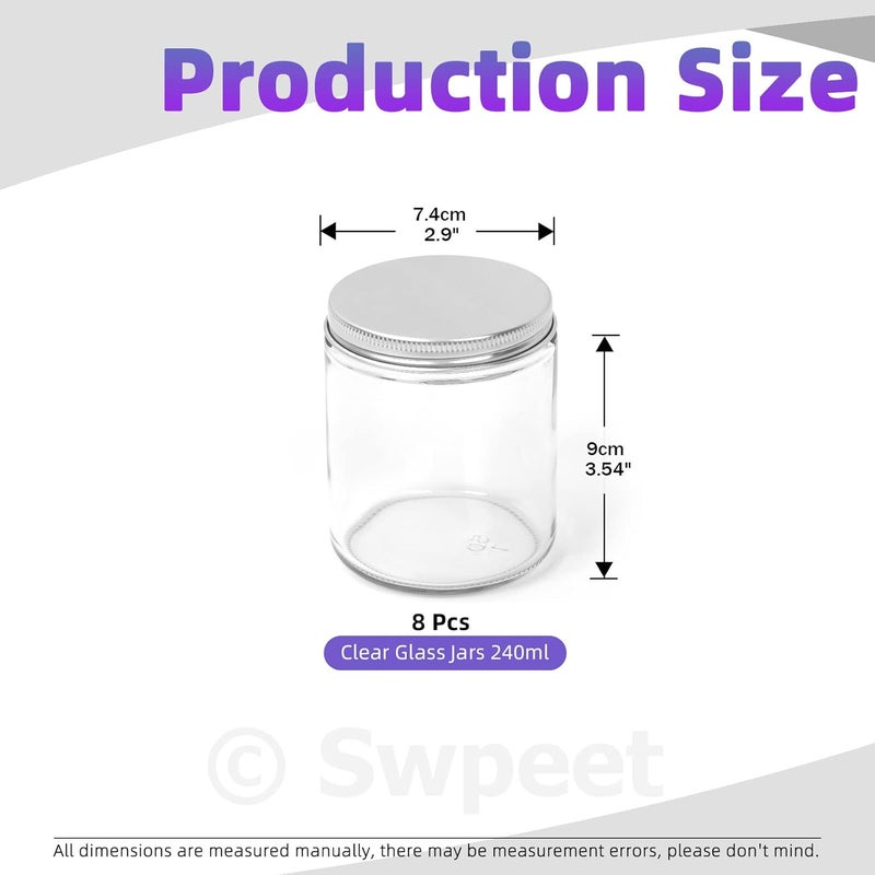 Swpeet 8 Packs 8 oz - 240ML Transparent Glass Jar with Silver Lid Assortment Kit, Round Containers Cosmetic Glass Jars with Lids Travel Jars Cosmetic Containers for Cream, Lotion - Image 2