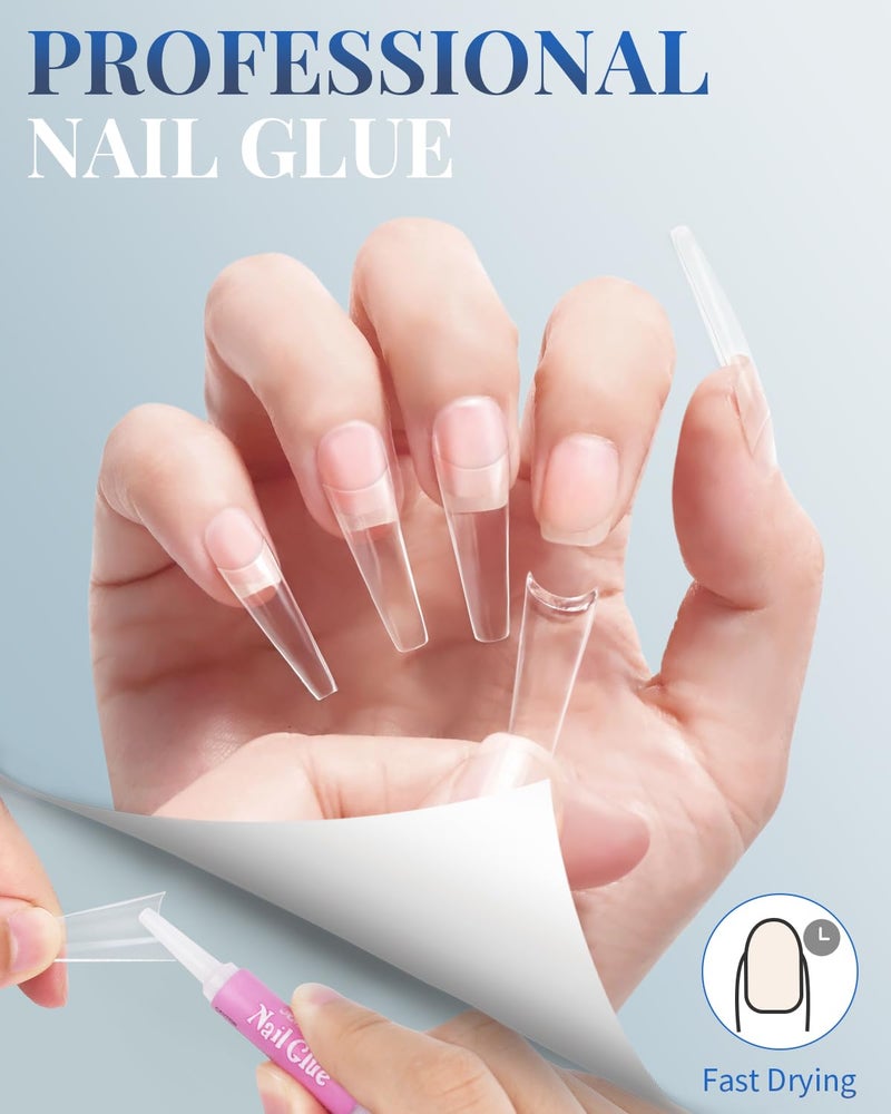 MORGLES 240 Pcs Half Cover Coffin Nail Tips Clear Acrylic Extra Long False Nail Tips with Glue, Clipper, Files and Cuticle Fork for Salons and Home DIY - Image 5