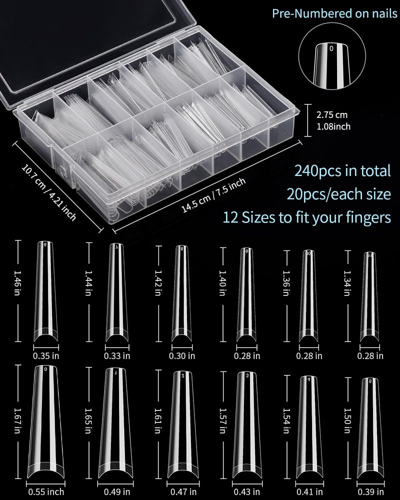 MORGLES 240 Pcs Half Cover Coffin Nail Tips Clear Acrylic Extra Long False Nail Tips with Glue, Clipper, Files and Cuticle Fork for Salons and Home DIY - Image 2