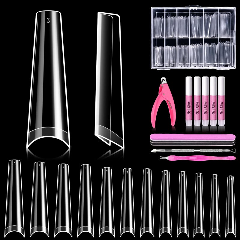 MORGLES 240 Pcs Half Cover Coffin Nail Tips Clear Acrylic Extra Long False Nail Tips with Glue, Clipper, Files and Cuticle Fork for Salons and Home DIY - Image 1