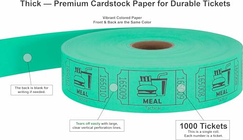 Tacticai 1000 Raffle Tickets, Meal, Green (1 of 8 Colors), Single Roll, Ticket for Events, Food, Class Reward, Fundraiser & Prizes - Image 2