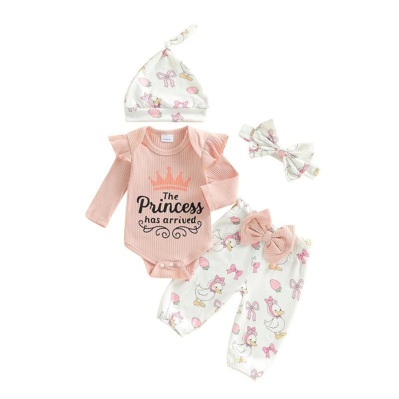 wybzd The Princess Has Arrived Newborn Outfit Preemie Baby Girl Going Home Clothes Ruffle Ribbed Romper Top Duck Pants Set Princess has Arrived Pink Newborn - Image 1