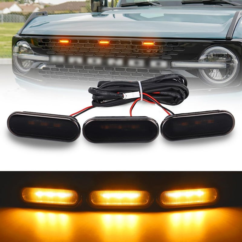 Atubeix LED Grill Lights for Ford Bronco 2021 2022 2023 2024 24Door Badlands Wildtrak Everglades Smoked Black OEM Grille Lamps Kit Bronco Accessories3 PCS