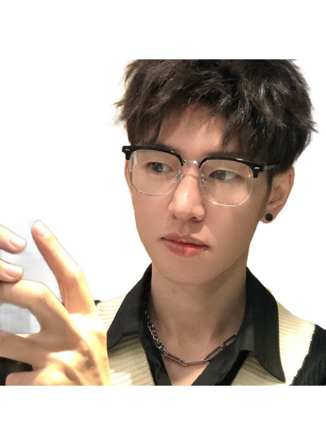 Boshide Myopia Glasses, Anti-Blue Light Glasses, Ultra-Light Semi-Rimless Radiation Protection Glasses, Black And Silver Frame, 300 Degrees For Both Eyes - Image 1