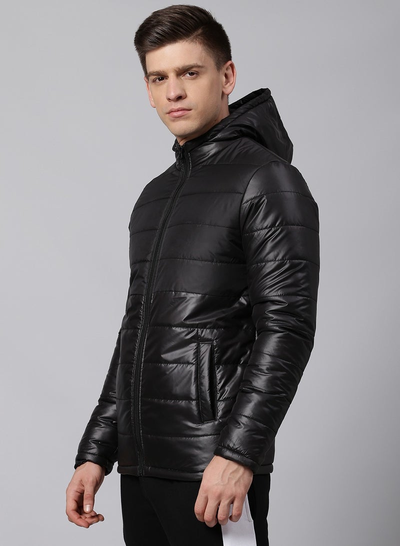 Dennis Lingo Black Regular Fit Men's Solid Hooded Polyester Jacket with Zipper Closure  - Image 2