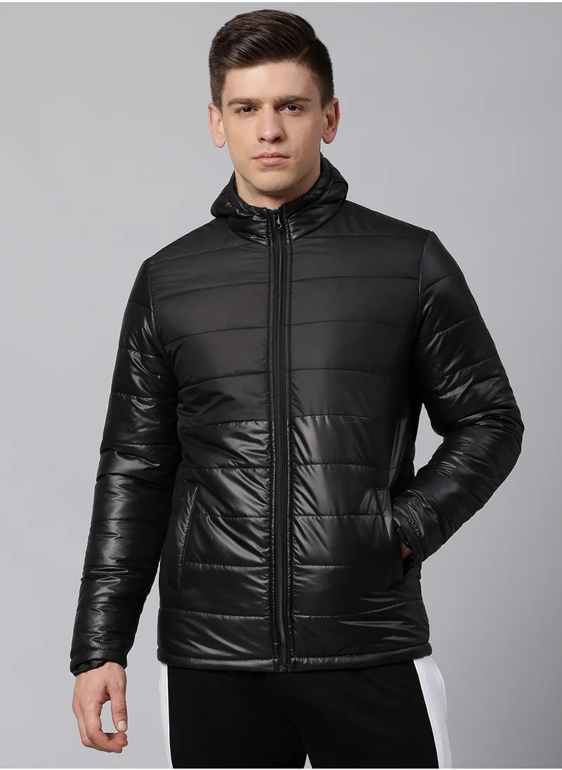 دينيس لينغو Black Regular Fit Men's Solid Hooded Polyester Jacket with Zipper Closure