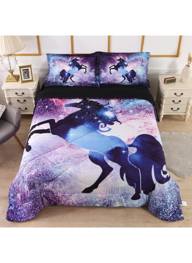 Wowelife - Wowelife 5 Pieces Galaxy Unicorn Comforter Set Queen 3D Fly Unicorn Galaxy Bedding Set - Image 1