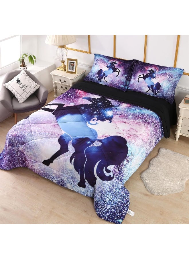 Wowelife - Wowelife 5 Pieces Galaxy Unicorn Comforter Set Queen 3D Fly Unicorn Galaxy Bedding Set - Image 1