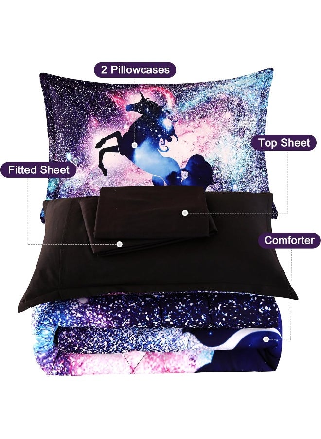 Wowelife - Wowelife 5 Pieces Galaxy Unicorn Comforter Set Queen 3D Fly Unicorn Galaxy Bedding Set - Image 1