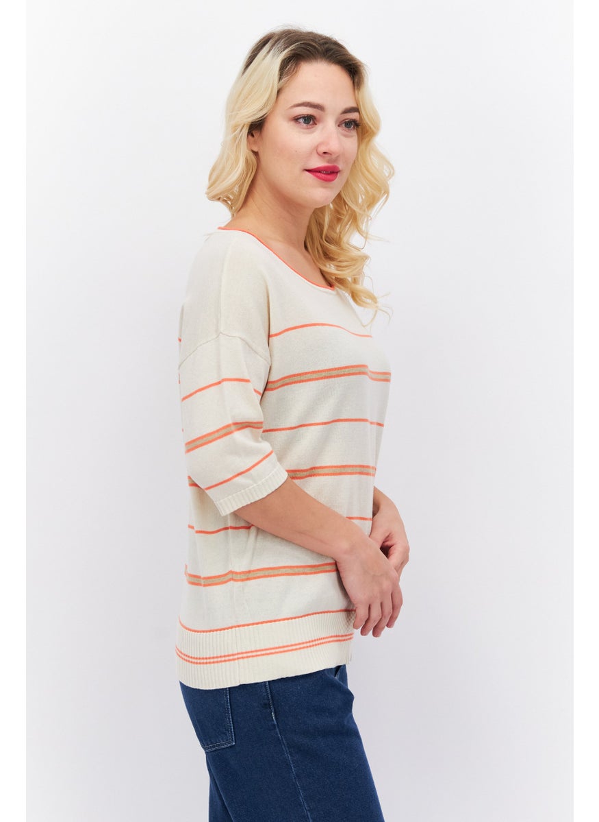 ESPRIT Women Round Neck Short Sleeve Striped Sweater, Beige Combo  - Image 3