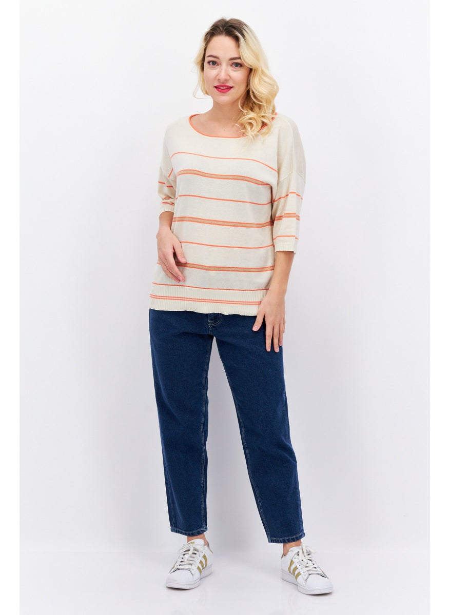 ESPRIT Women Round Neck Short Sleeve Striped Sweater, Beige Combo  - Image 4