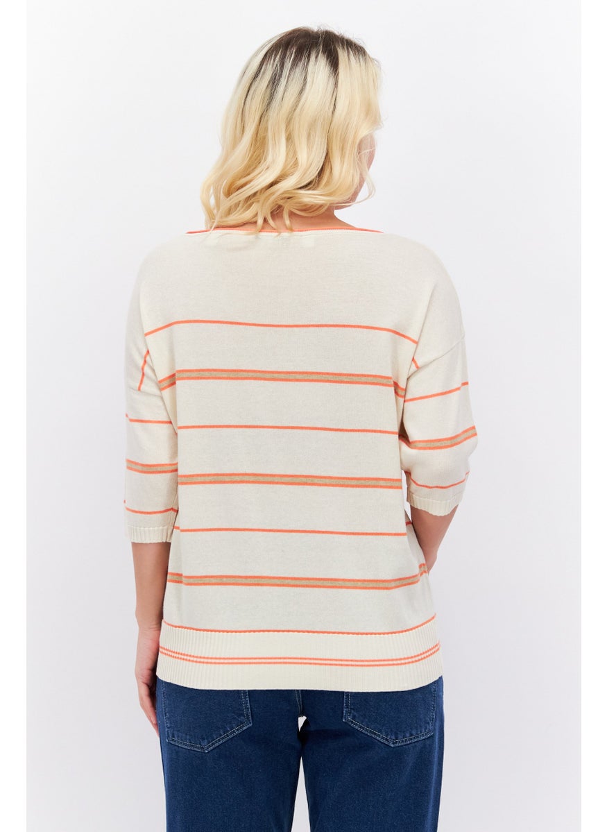 ESPRIT Women Round Neck Short Sleeve Striped Sweater, Beige Combo  - Image 2