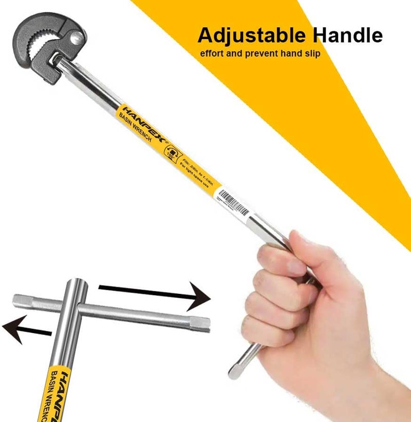 Hanpex 11-Inch Adjustable Basin Wrench for 3/8'' to 1-1/4'' with Spring-loaded Jaw, Sink Wrench for Tight Space Use - Image 5