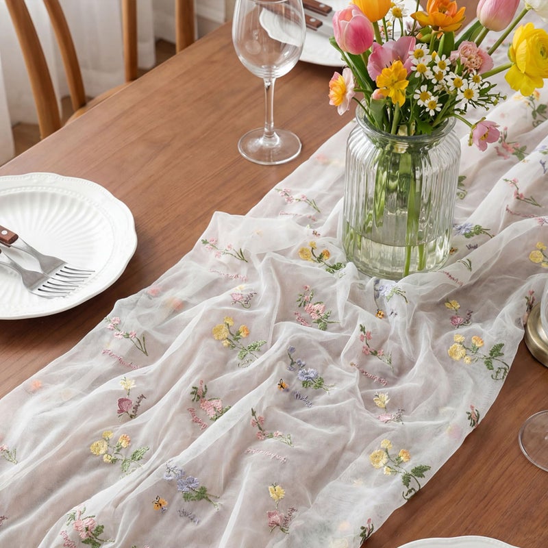Remagr 9.8 ft Floral Table Runner Embroidery Flower Seasonal Table Decorations Tulle Fabric for Home Indoor Decor, Bridal Shower Wedding, Baby Shower Parties, Holiday DIY Craft Kitchen Decor - Image 1