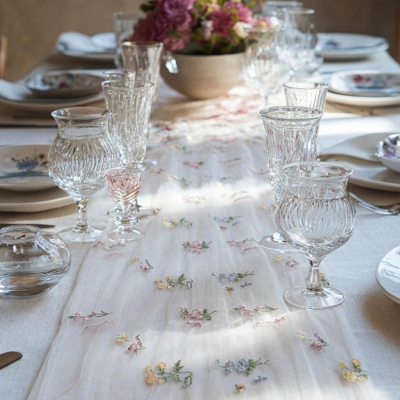 Remagr 9.8 ft Floral Table Runner Embroidery Flower Seasonal Table Decorations Tulle Fabric for Home Indoor Decor, Bridal Shower Wedding, Baby Shower Parties, Holiday DIY Craft Kitchen Decor - Image 4