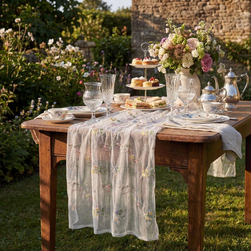 Remagr 9.8 ft Floral Table Runner Embroidery Flower Seasonal Table Decorations Tulle Fabric for Home Indoor Decor, Bridal Shower Wedding, Baby Shower Parties, Holiday DIY Craft Kitchen Decor - Image 5