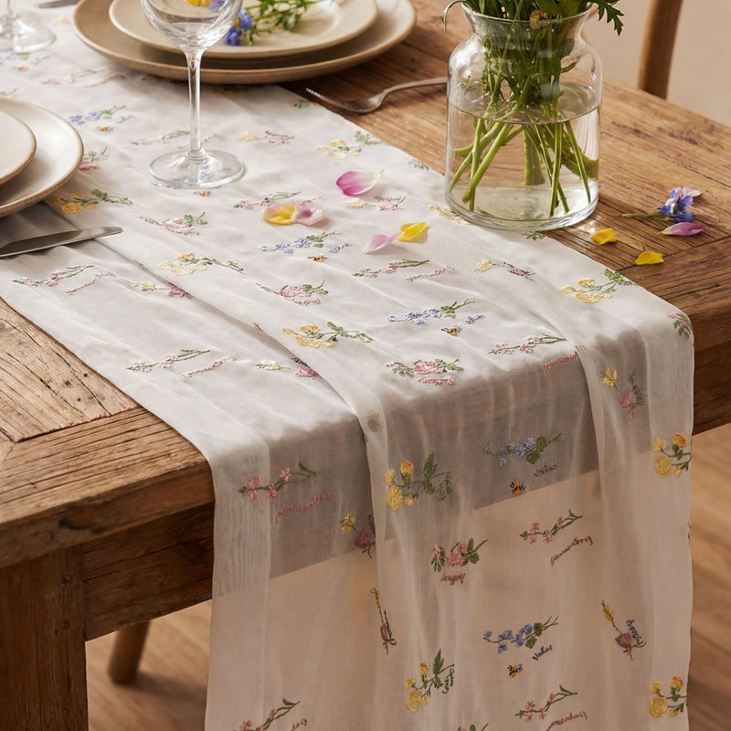 Remagr 9.8 ft Floral Table Runner Embroidery Flower Seasonal Table Decorations Tulle Fabric for Home Indoor Decor, Bridal Shower Wedding, Baby Shower Parties, Holiday DIY Craft Kitchen Decor - Image 3