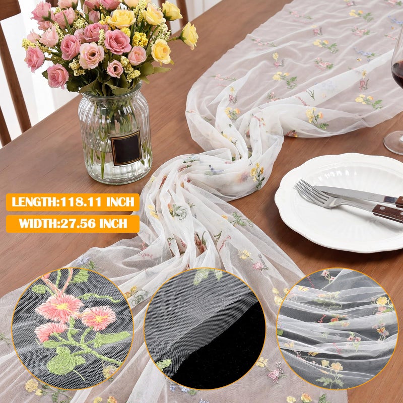 Remagr 9.8 ft Floral Table Runner Embroidery Flower Seasonal Table Decorations Tulle Fabric for Home Indoor Decor, Bridal Shower Wedding, Baby Shower Parties, Holiday DIY Craft Kitchen Decor - Image 2