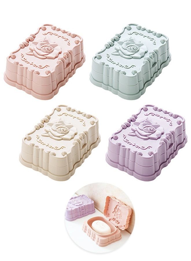 4 Pcs Rose Clamshell Soap Box Tray Container, Plastic Drain Soap Dish Holder, Bathroom Soap Accessories (Blue+Pink+Beige+Purple) - Image 1
