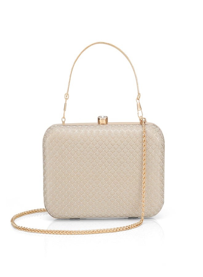 JI ACCESSORIES Elegant Gold Box Clutch for Women Bridal Wedding Party Evening Handbag with Metal Handle and Chain Strap (DESING GOLD) - Image 1
