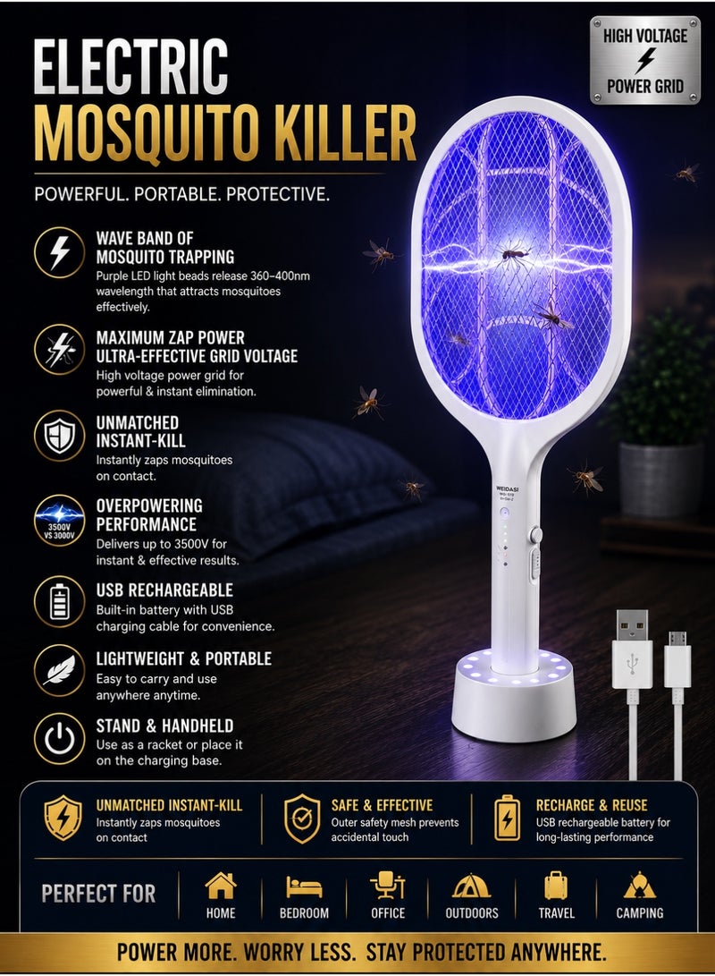 WEIDASI Rechargeable Mosquito Bat & Electric Bug Zapper – With Charging Stand & USB Cable, Dual Mode Fly Swatter, Portable & Safe for Indoor/Outdoor (White) - Image 2