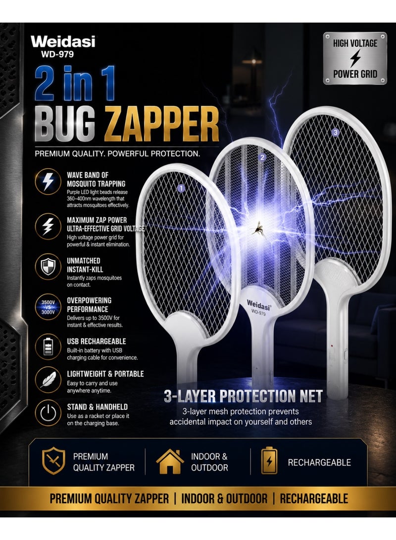 WEIDASI Rechargeable Mosquito Bat & Electric Bug Zapper – With Charging Stand & USB Cable, Dual Mode Fly Swatter, Portable & Safe for Indoor/Outdoor (White) - Image 4