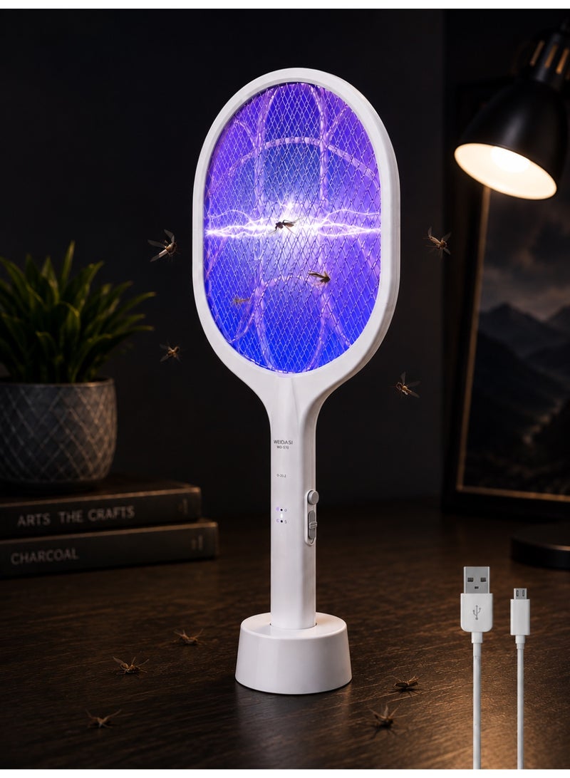 WEIDASI Rechargeable Mosquito Bat & Electric Bug Zapper – With Charging Stand & USB Cable, Dual Mode Fly Swatter, Portable & Safe for Indoor/Outdoor (White) - Image 1