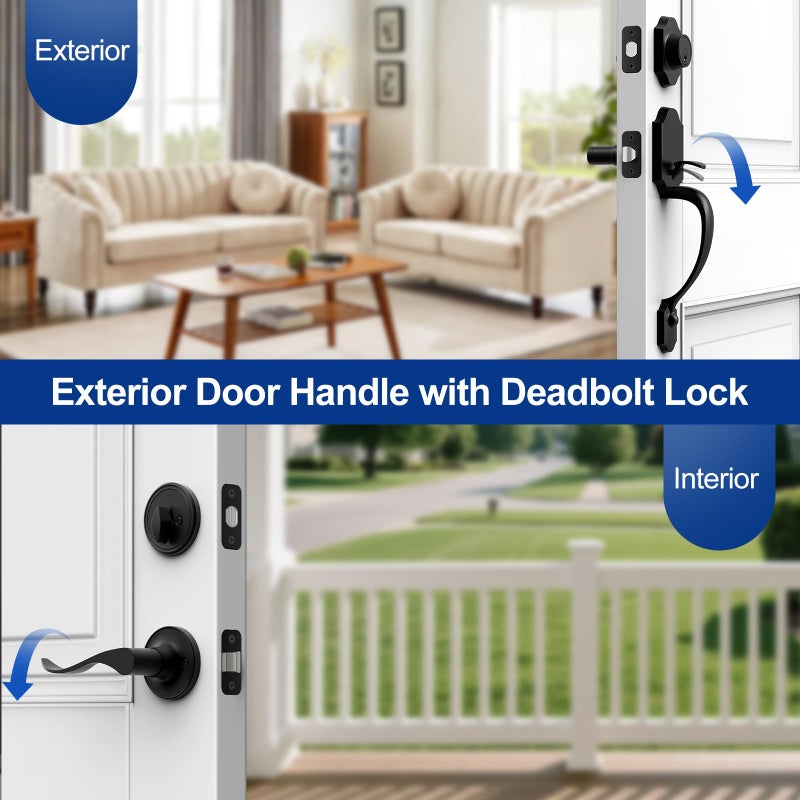 Camtek Matte Black Front Door Handle and Deadbolt Set, Single Cylinder Front Door Lock Set with Reversible Handle, Exterior Door Handle with Deadbolt Lock and Keyed - Image 2