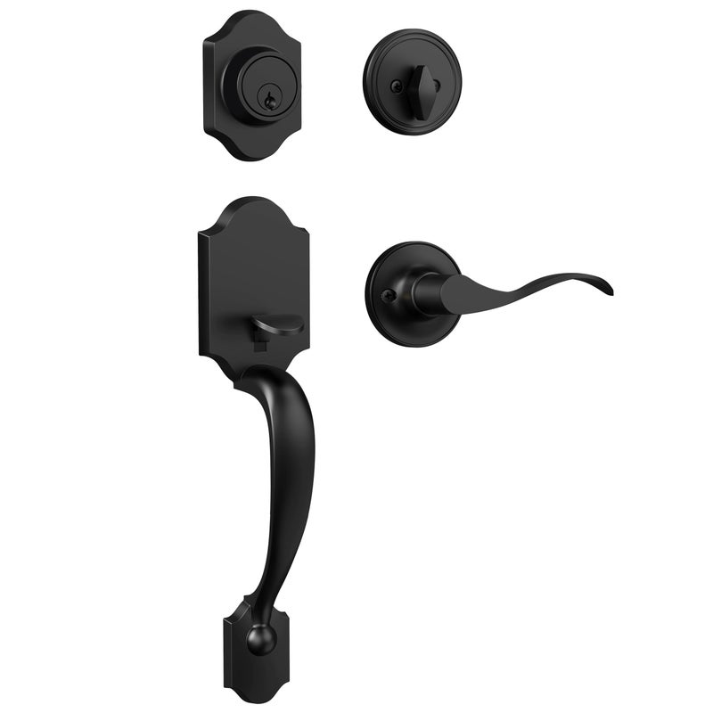 Camtek Matte Black Front Door Handle and Deadbolt Set, Single Cylinder Front Door Lock Set with Reversible Handle, Exterior Door Handle with Deadbolt Lock and Keyed - Image 1