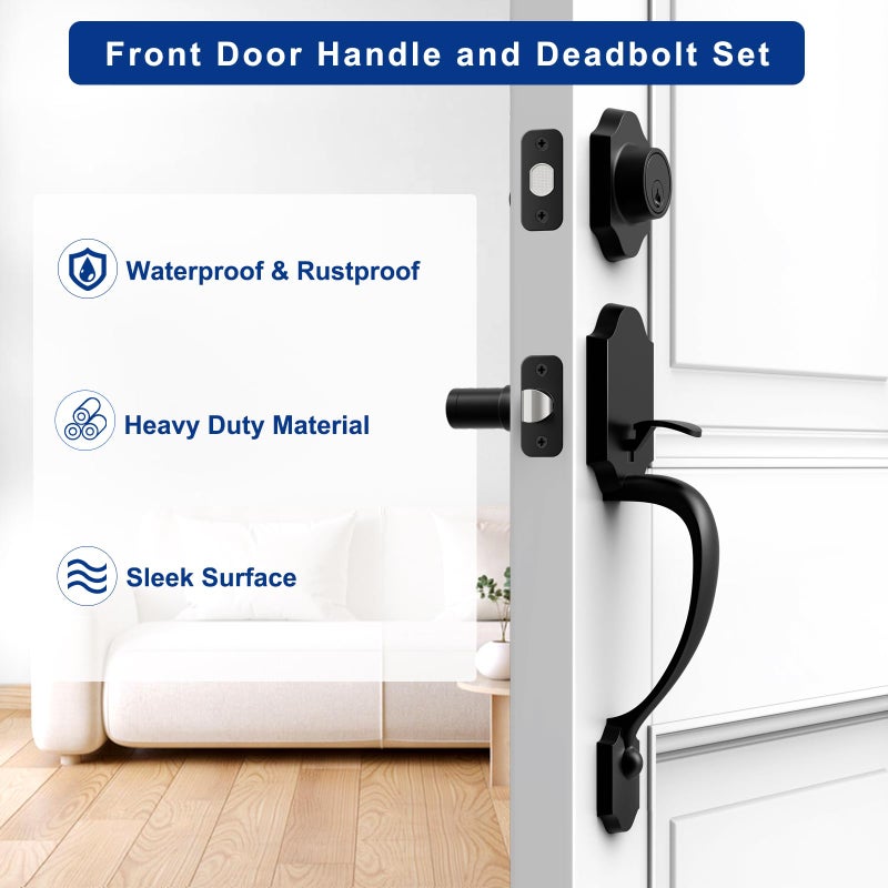 Camtek Matte Black Front Door Handle and Deadbolt Set, Single Cylinder Front Door Lock Set with Reversible Handle, Exterior Door Handle with Deadbolt Lock and Keyed - Image 5