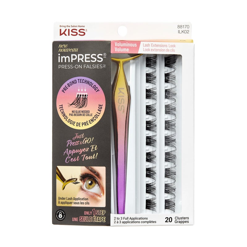 Impress KISS imPRESS Falsies Self Adhesive Eyelashes, Press On Lashes, 12mm-14mm Glam Volume Lashes, Black, No Glue Needed, Invisible Band, 36 Lash Clusters & Non-Stick Applicator - Voluminous - Image 1